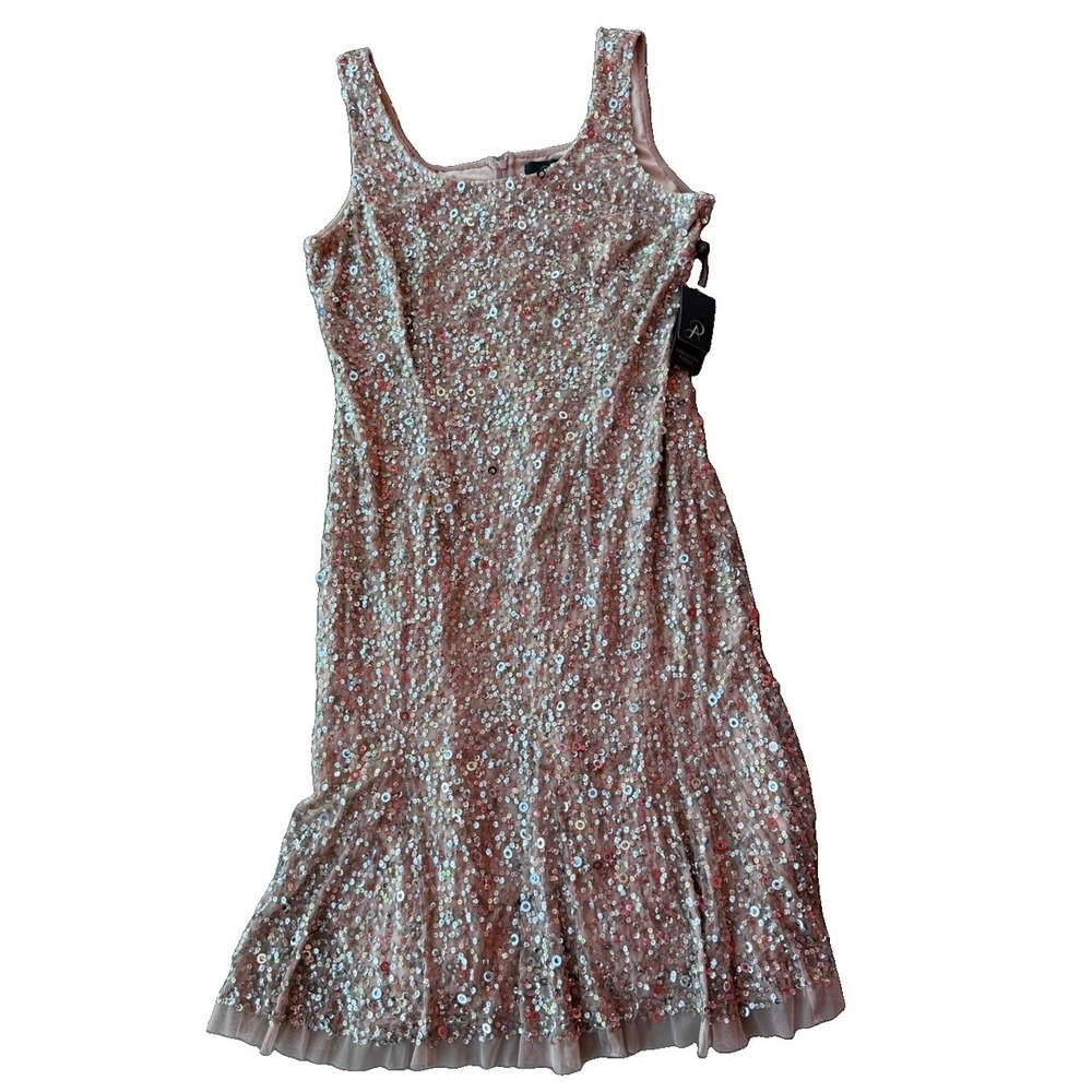NWT Adrianna Papell Dress 14 Blush Pink Sequin Beaded Mermaid Cocktail Midi